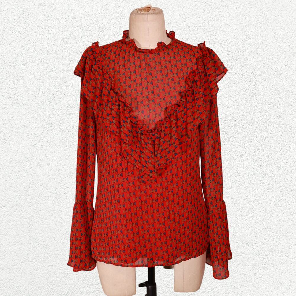 WAYF Eryn Long Sleeve Ruffle Blouse in Red Geometric Pattern